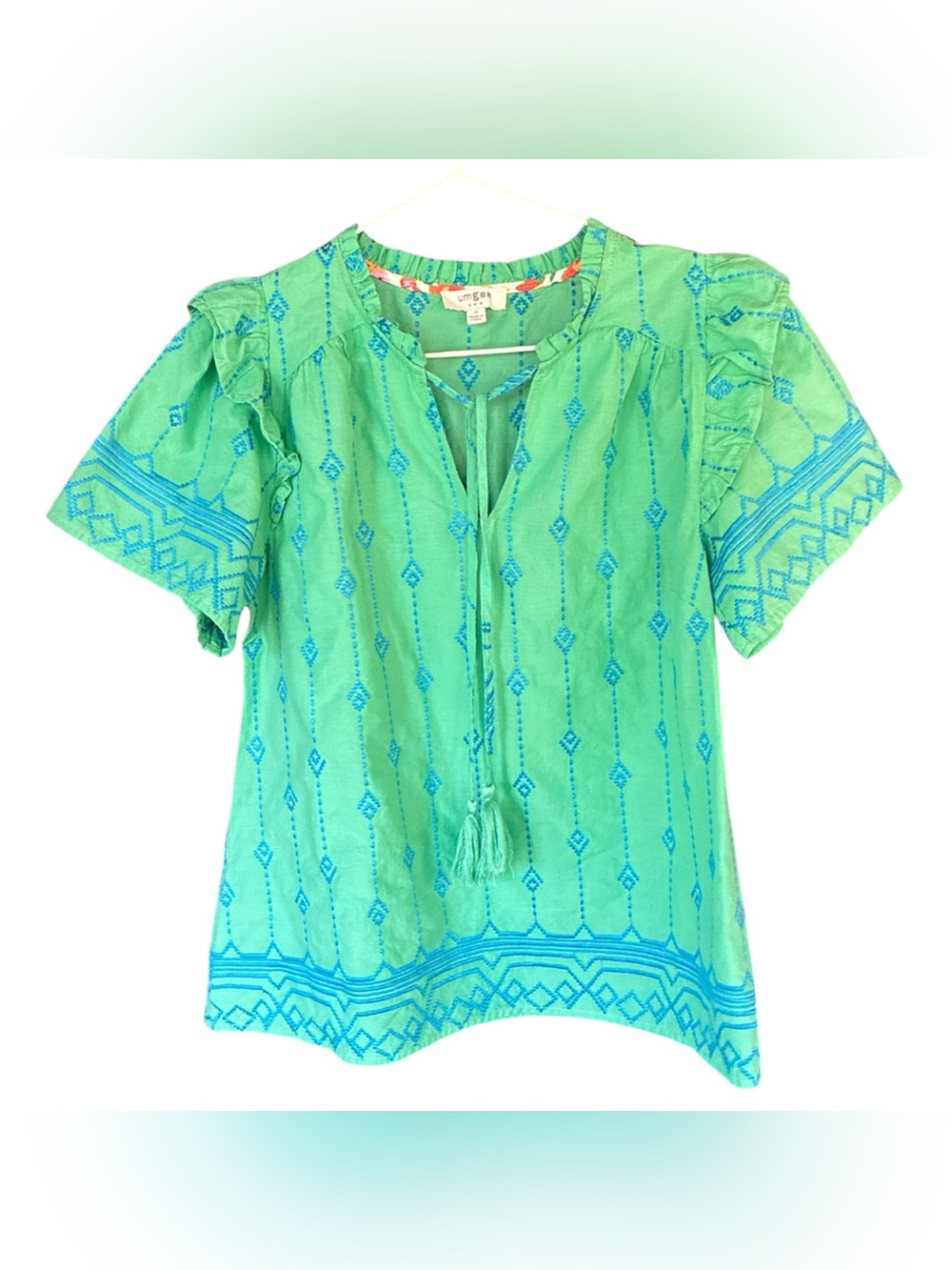 Umgee Green Blouse with Blue Embroidered Trim and Tassels